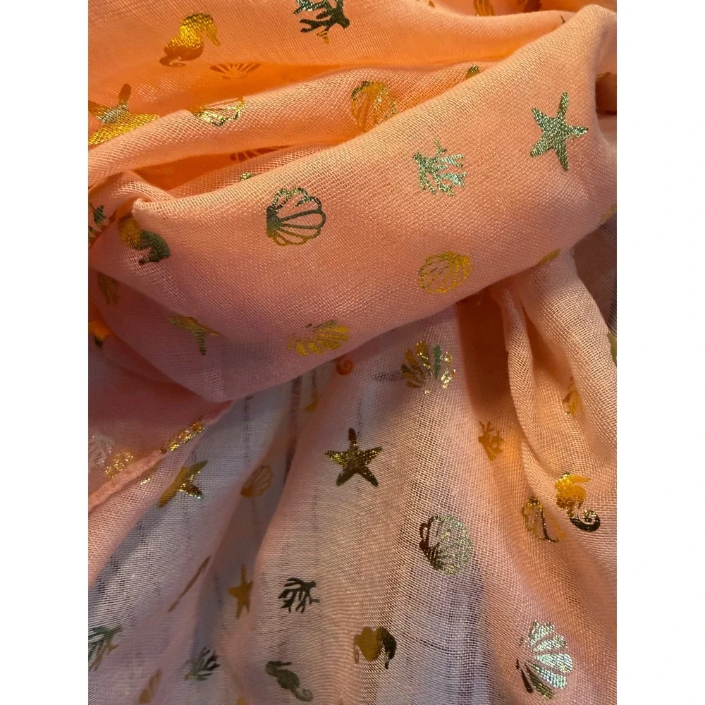 Avenue 9 Peach Gold Foil Nautical Scarf Shell Starfish Seahorse Beach Wrap NWT